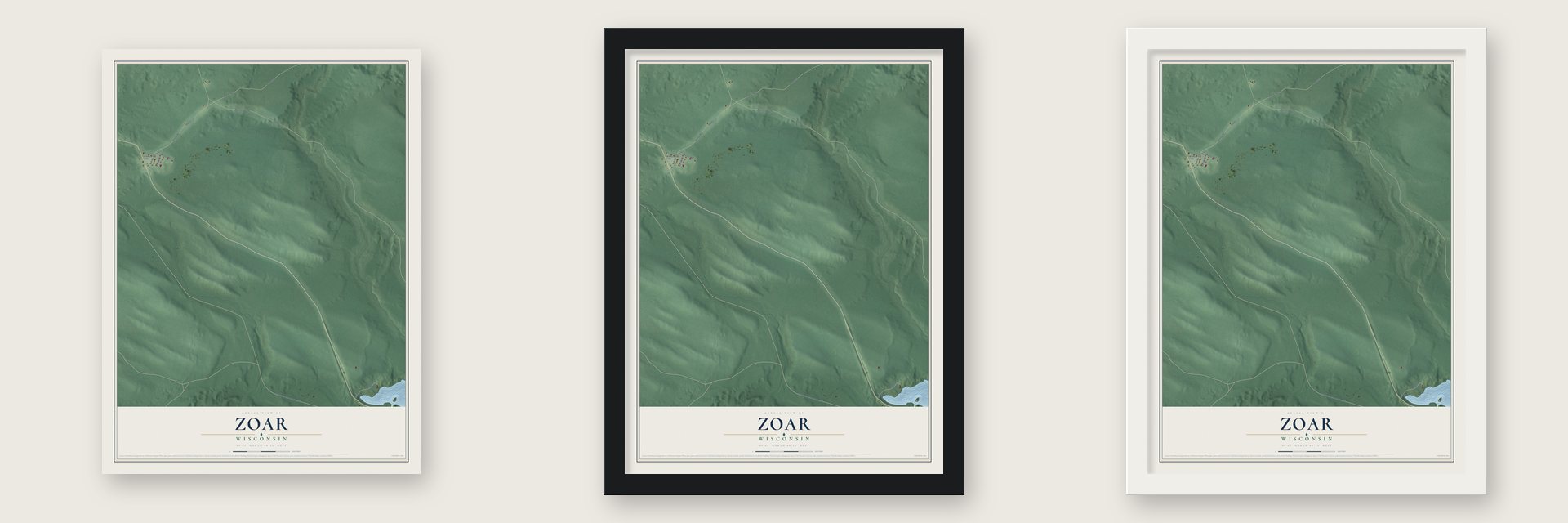 Zoar, Wisconsin map unframed, in a black wood frame and in a white wood frame