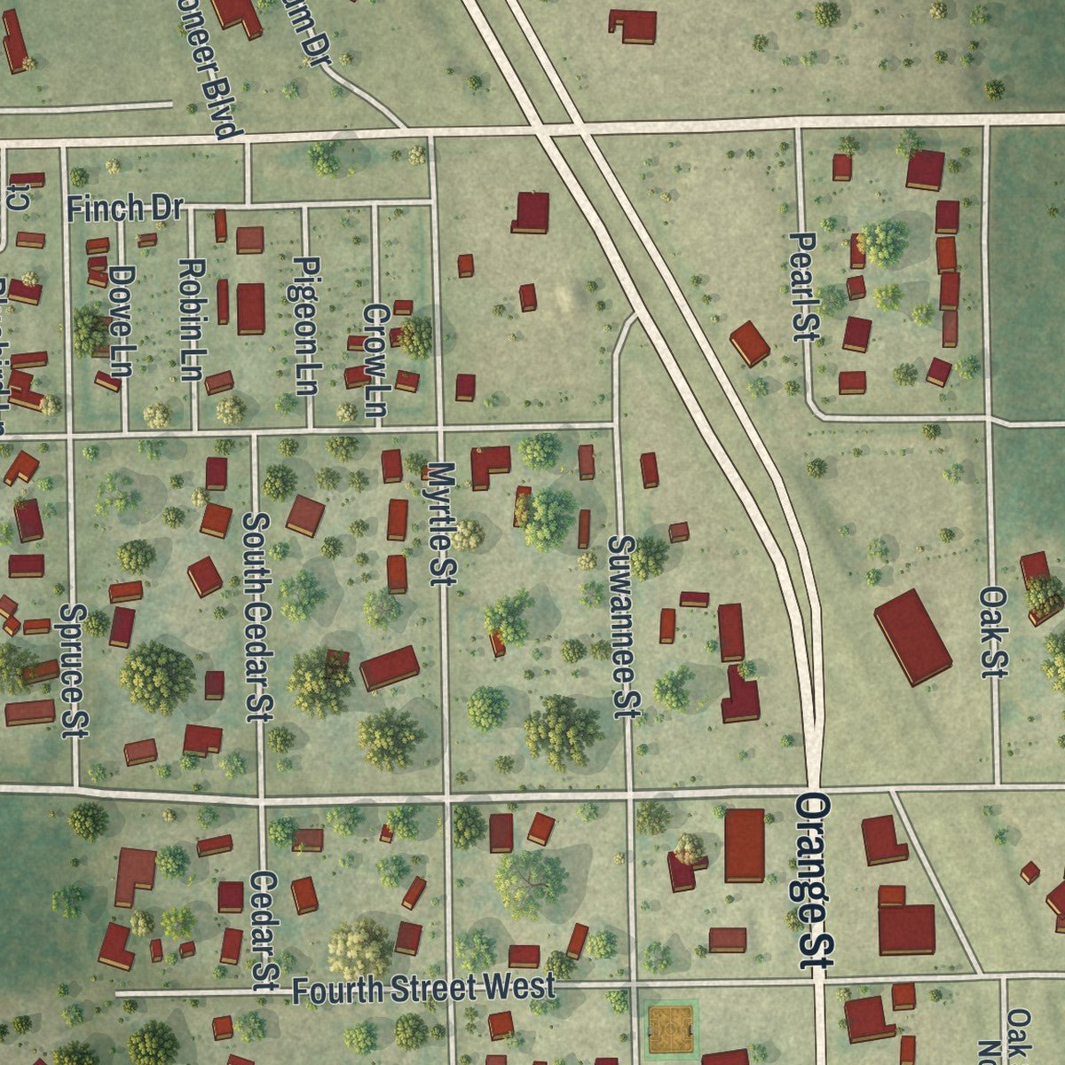 Second close-up of the map of Zolfo Springs, Florida print showing more streets and buildings