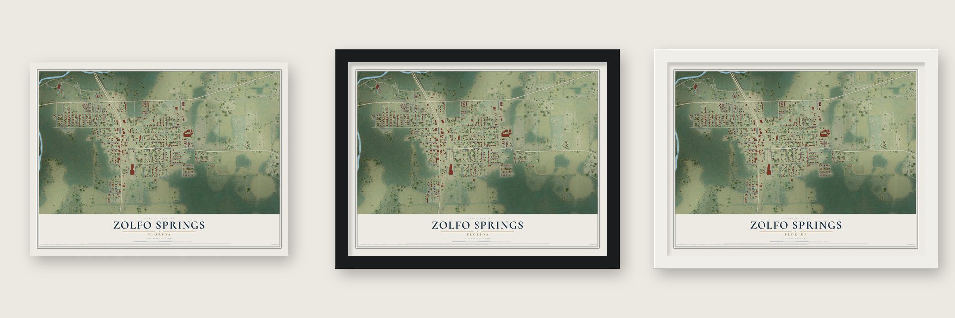 Zolfo Springs, Florida map unframed, in a black wood frame and in a white wood frame