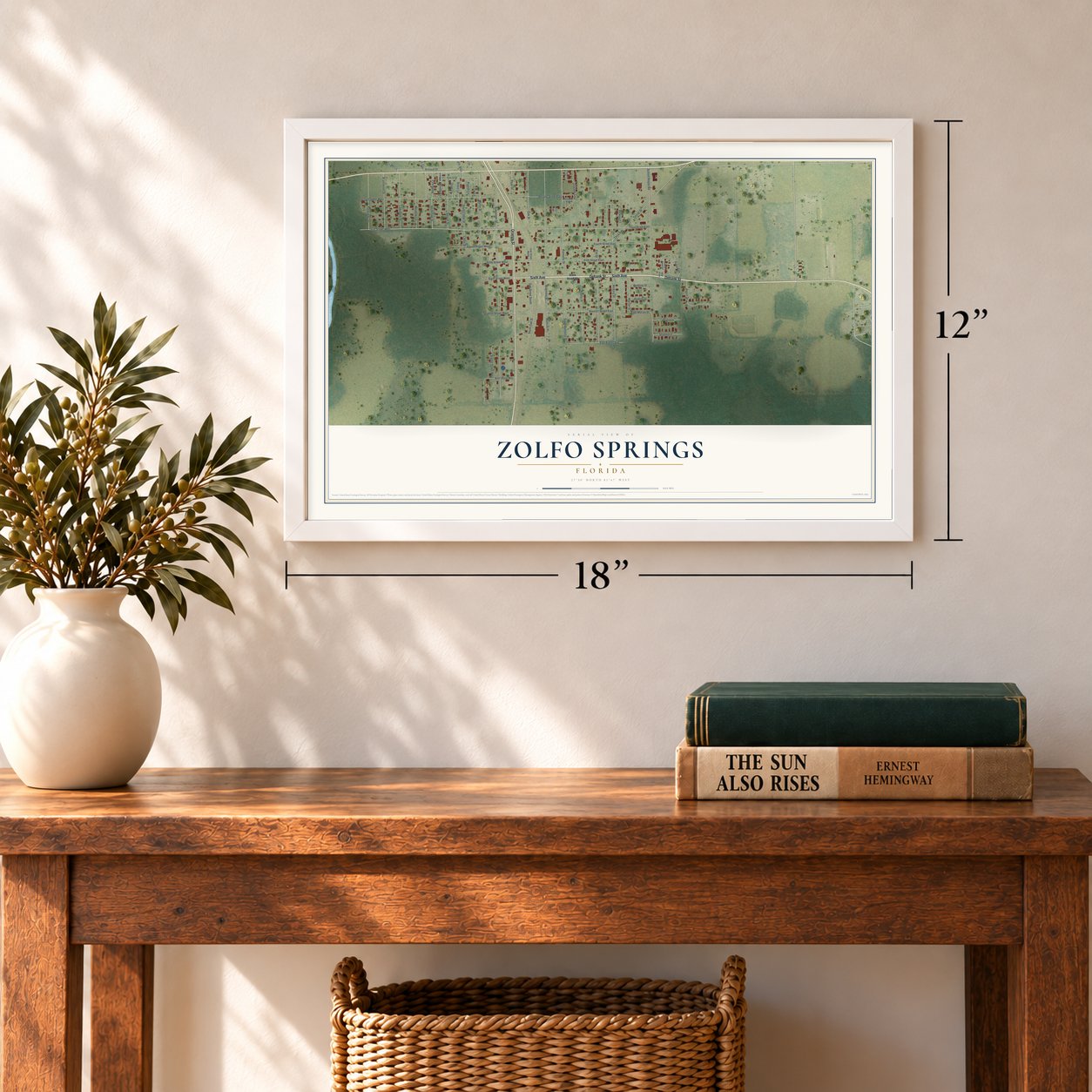 Zolfo Springs, Florida map, 12 x 18 inch print in a white frame in an entryway
