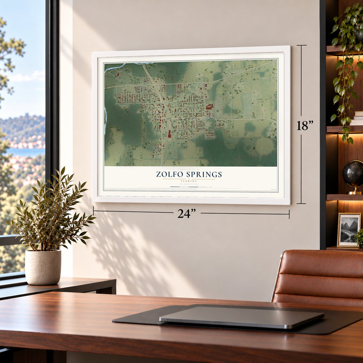 Zolfo Springs, Florida map, 18 x 24 inch print in a white frame in a home office
