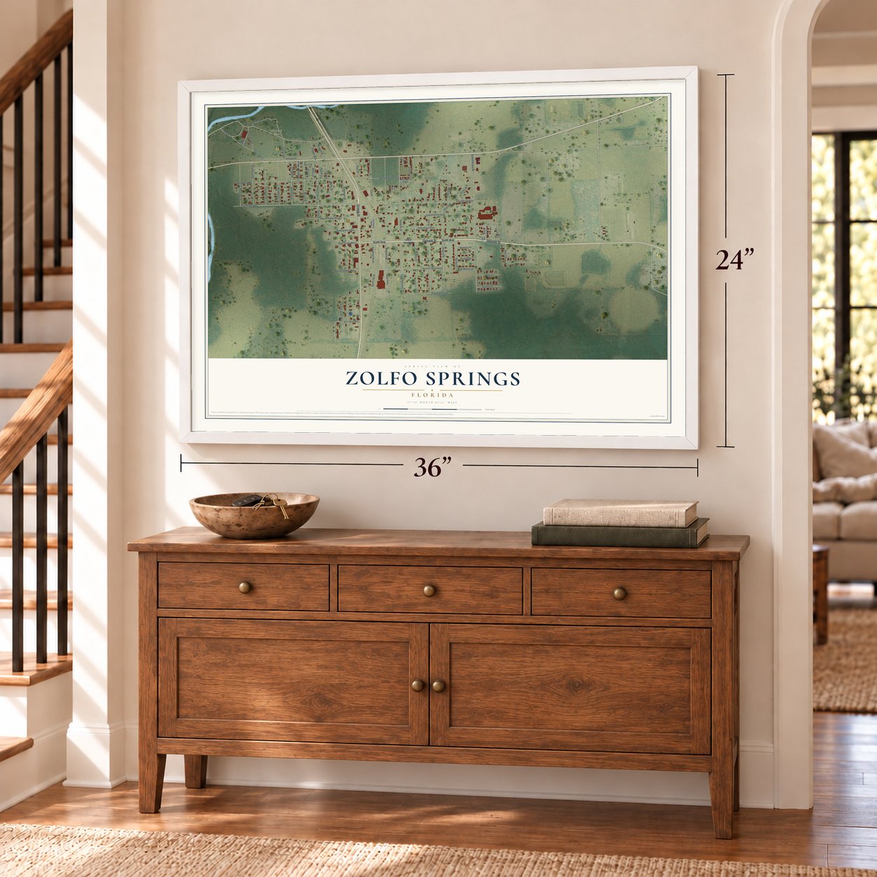 Zolfo Springs, Florida map, 24 x 36 inch print in a white frame above a dresser by a staircase