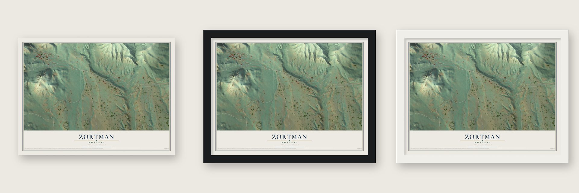 Zortman, Montana map unframed, in a black wood frame and in a white wood frame