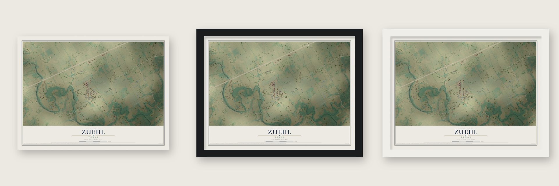 Zuehl, Texas map unframed, in a black wood frame and in a white wood frame