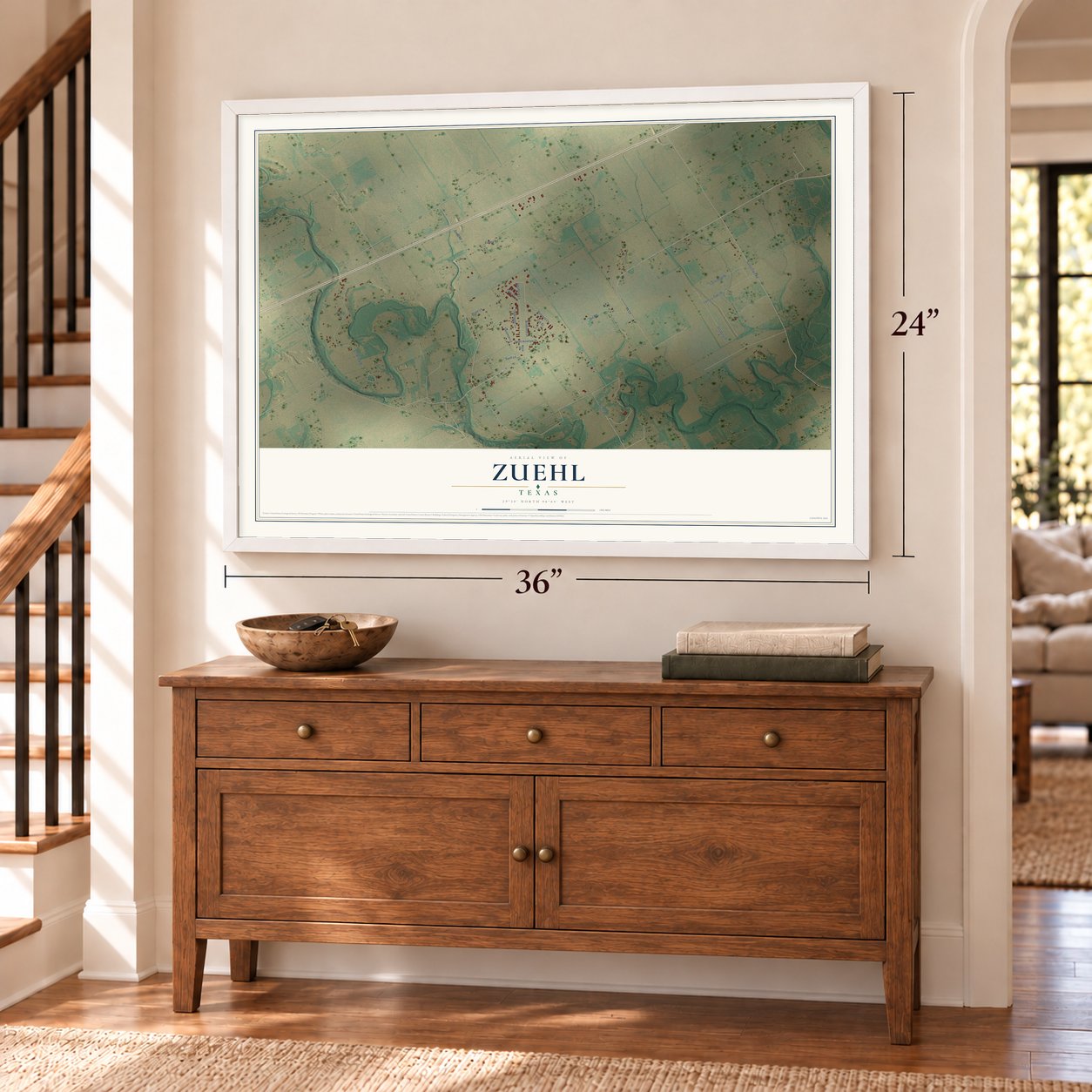 Zuehl, Texas map, 24 x 36 inch print in a white frame above a dresser by a staircase