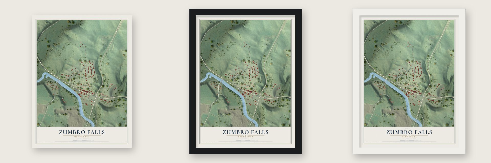 Zumbro Falls, Minnesota map unframed, in a black wood frame and in a white wood frame