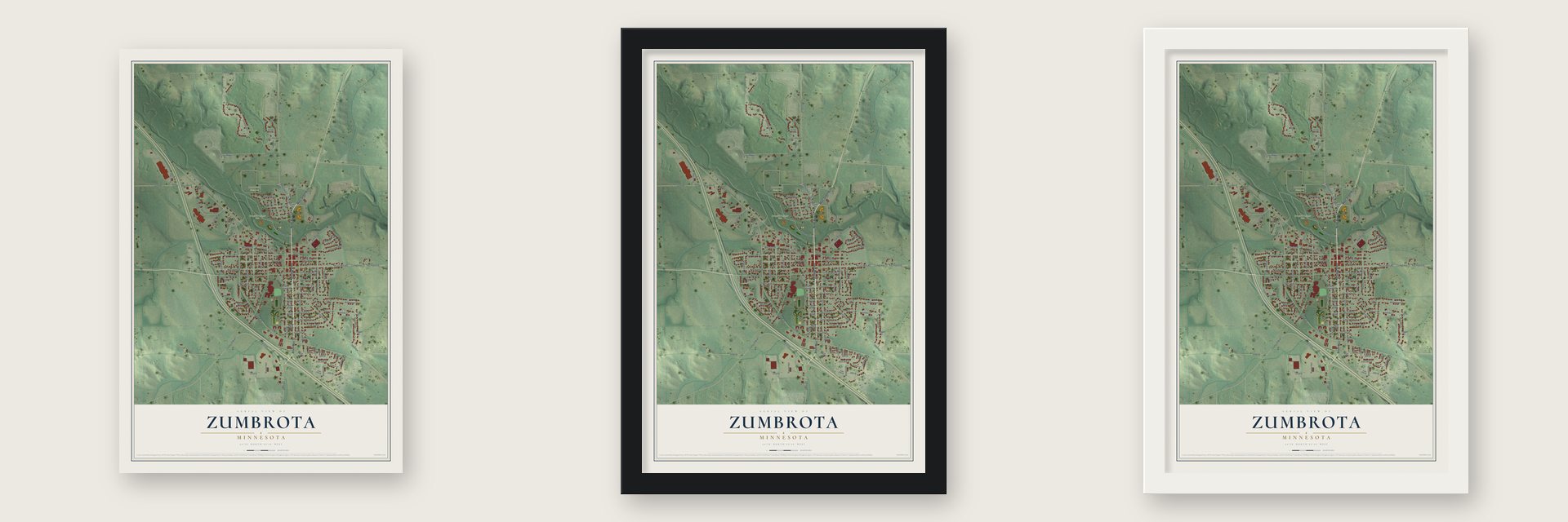 Zumbrota, Minnesota map unframed, in a black wood frame and in a white wood frame