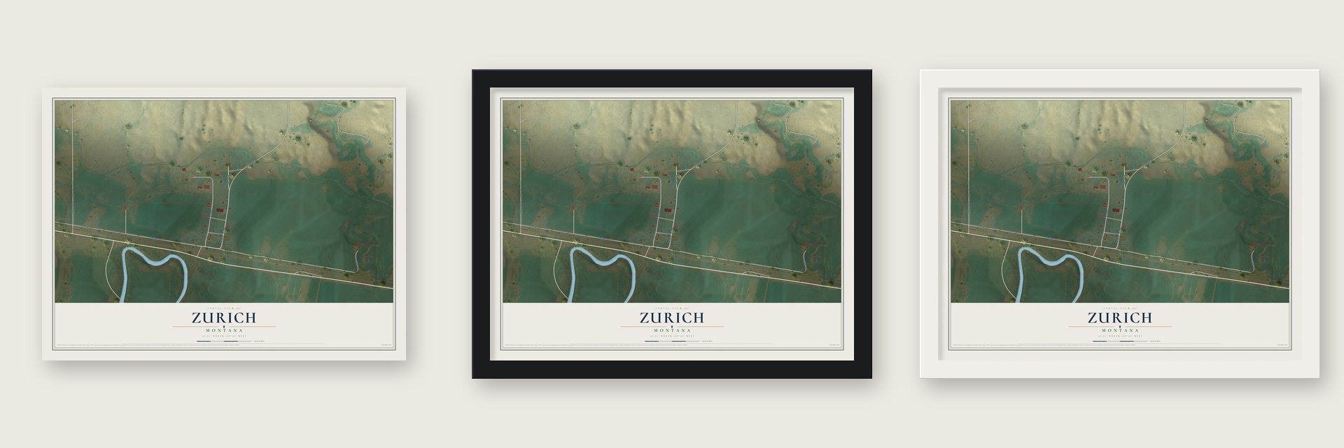 Zurich, Montana map unframed, in a black wood frame and in a white wood frame