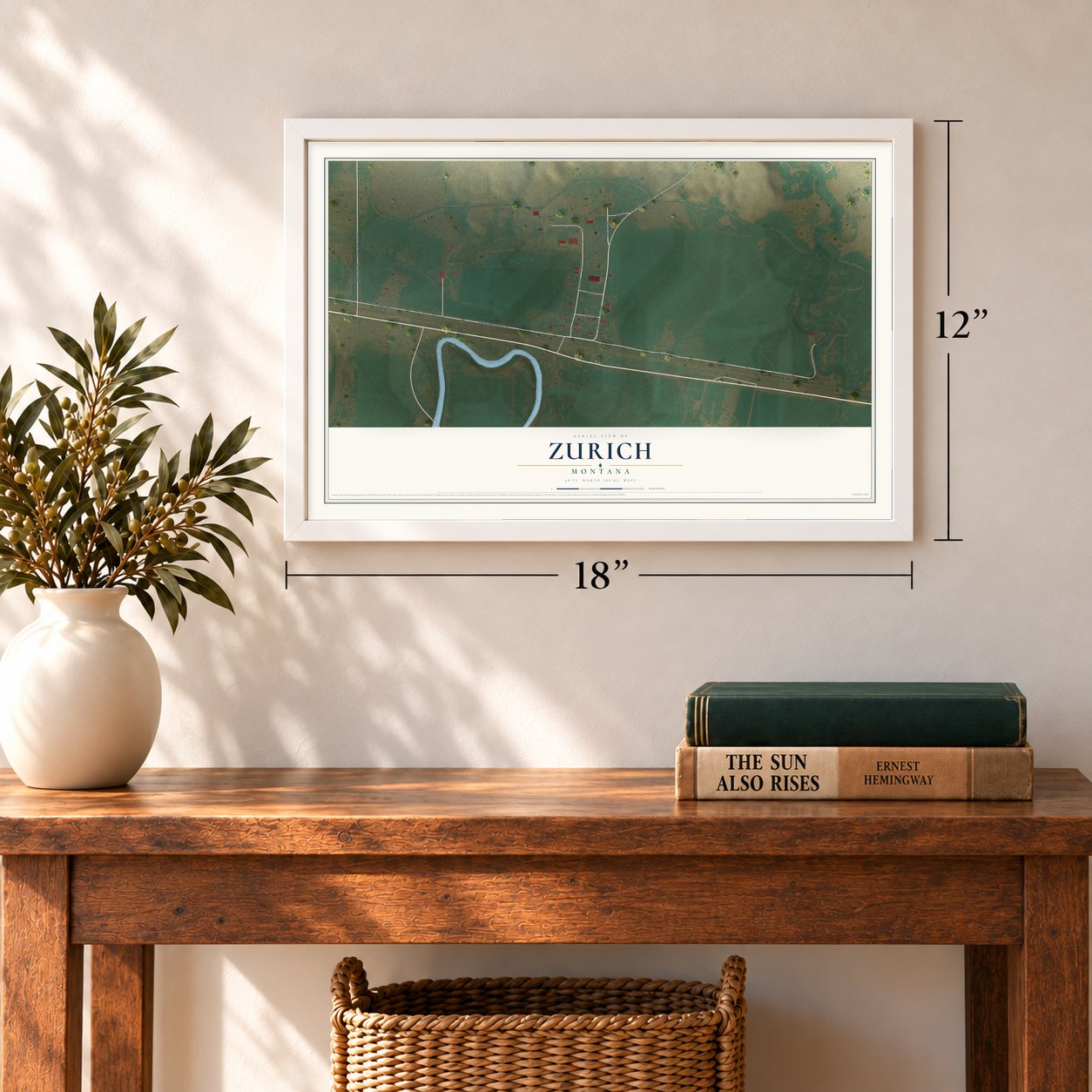 Zurich, Montana map, 12 x 18 inch print in a white frame in an entryway