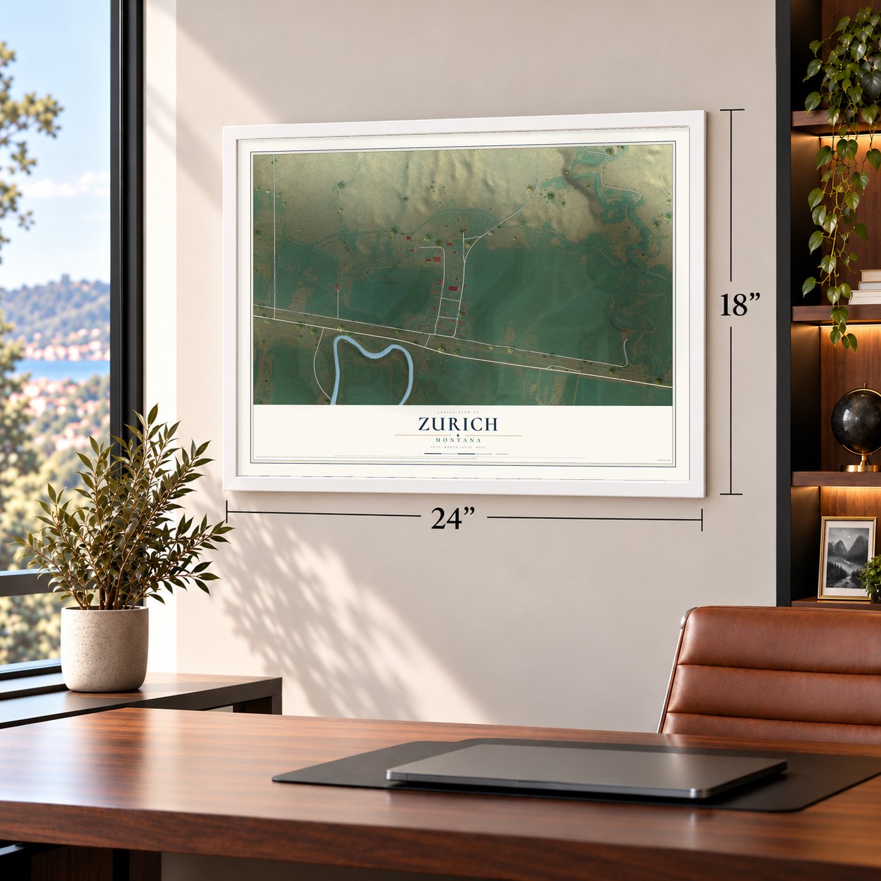 Zurich, Montana map, 18 x 24 inch print in a white frame in a home office