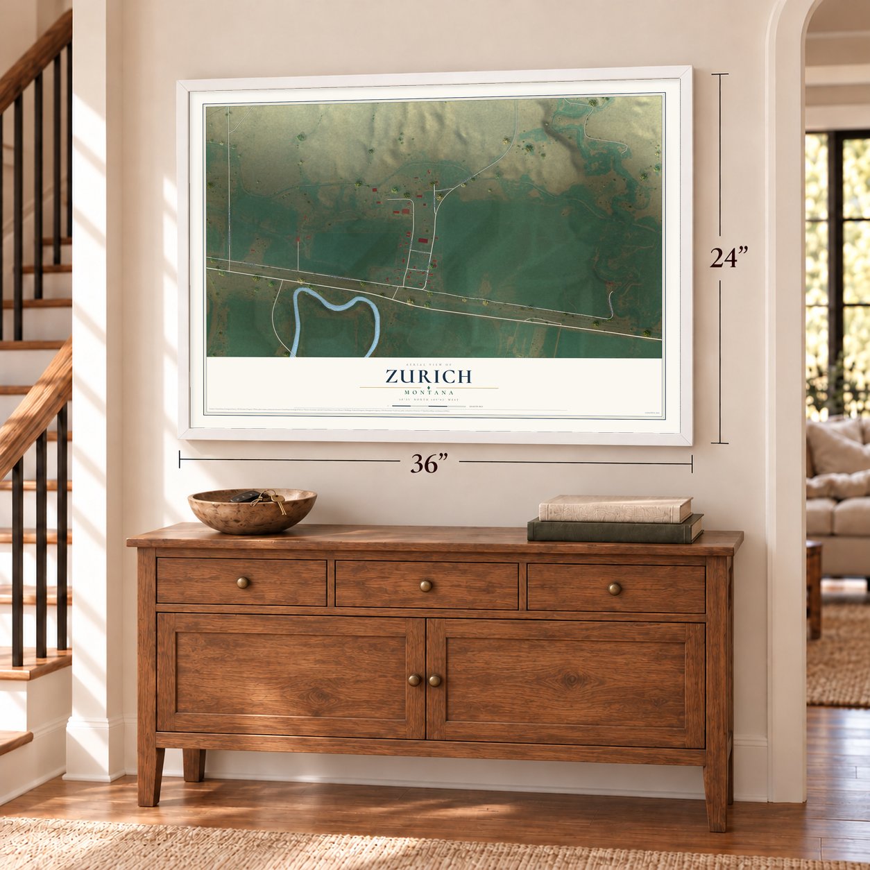 Zurich, Montana map, 24 x 36 inch print in a white frame above a dresser by a staircase