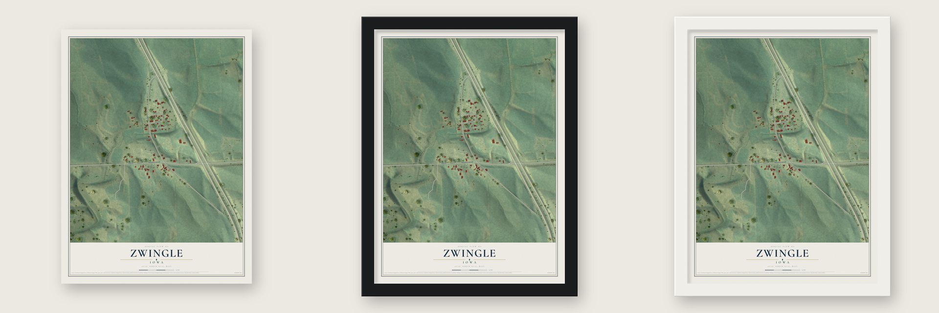 Zwingle, Iowa map unframed, in a black wood frame and in a white wood frame