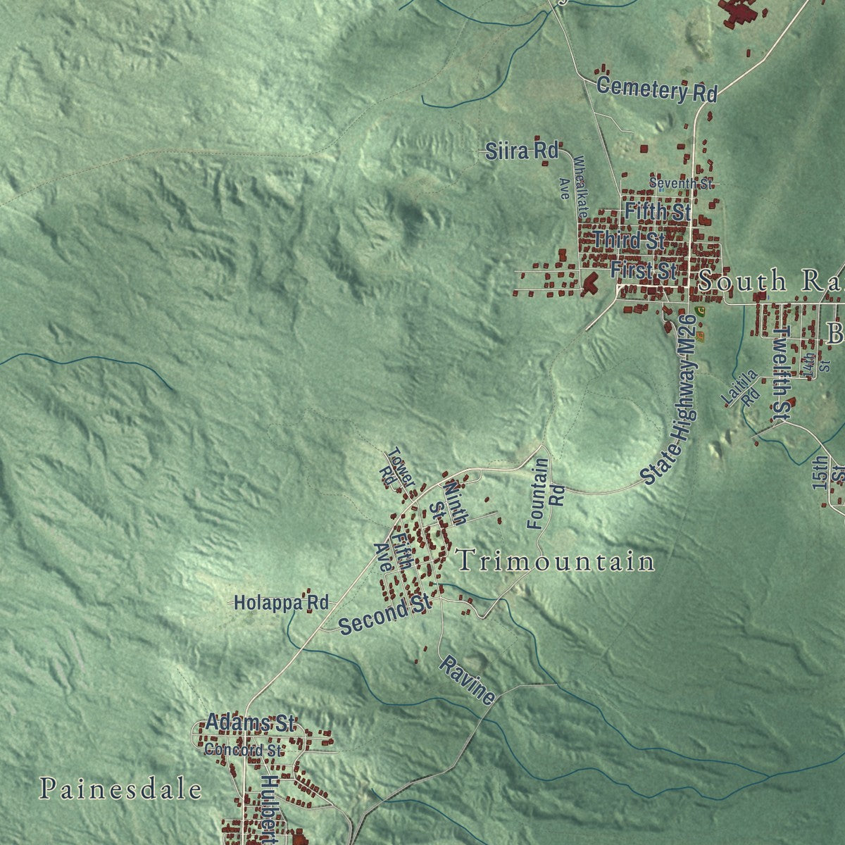 Second close-up of the map of Adams, Houghton County, Michigan print showing more streets and buildings