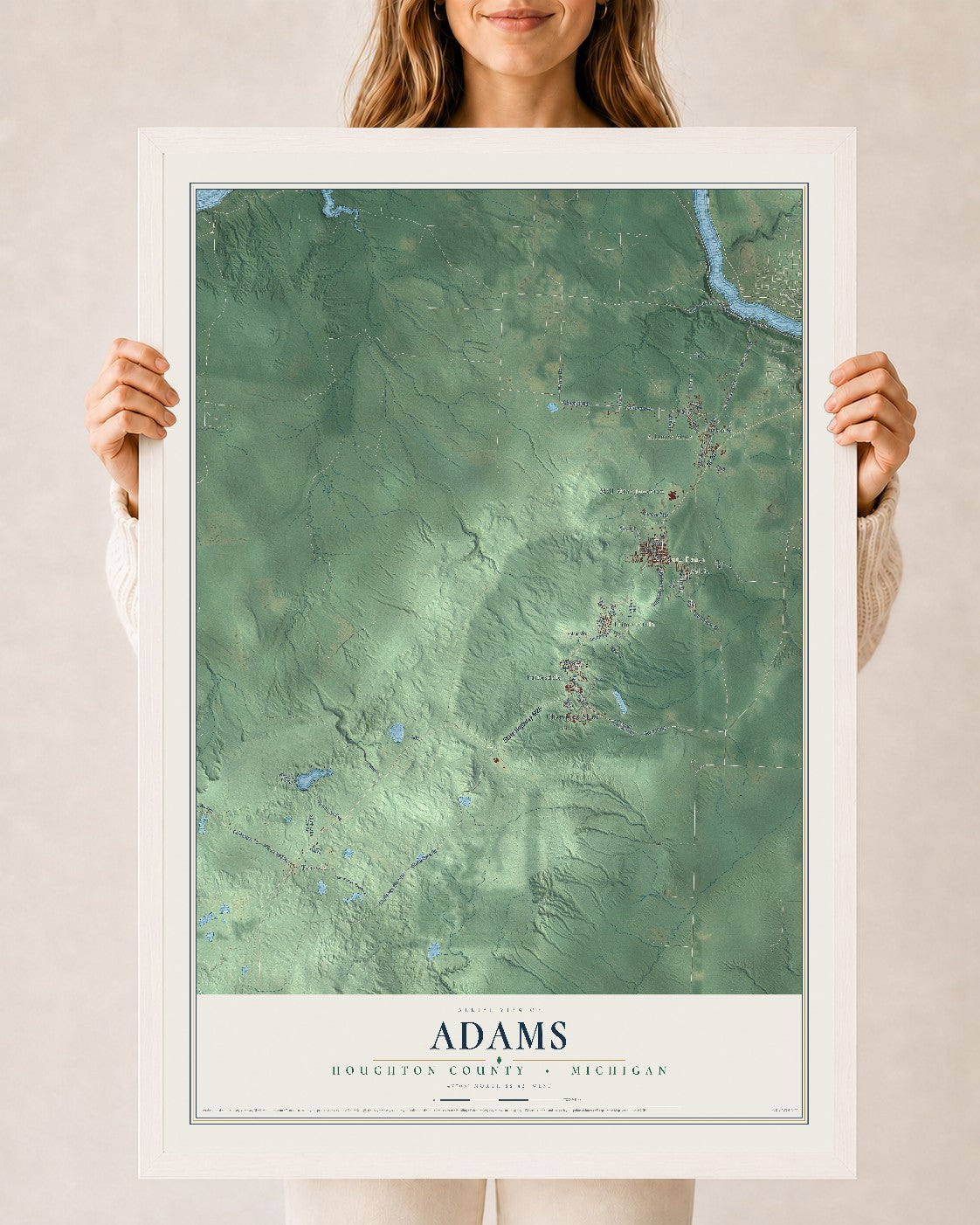 Map of Adams, Houghton County, Michigan, 24 x 36 inch print in a white wood frame