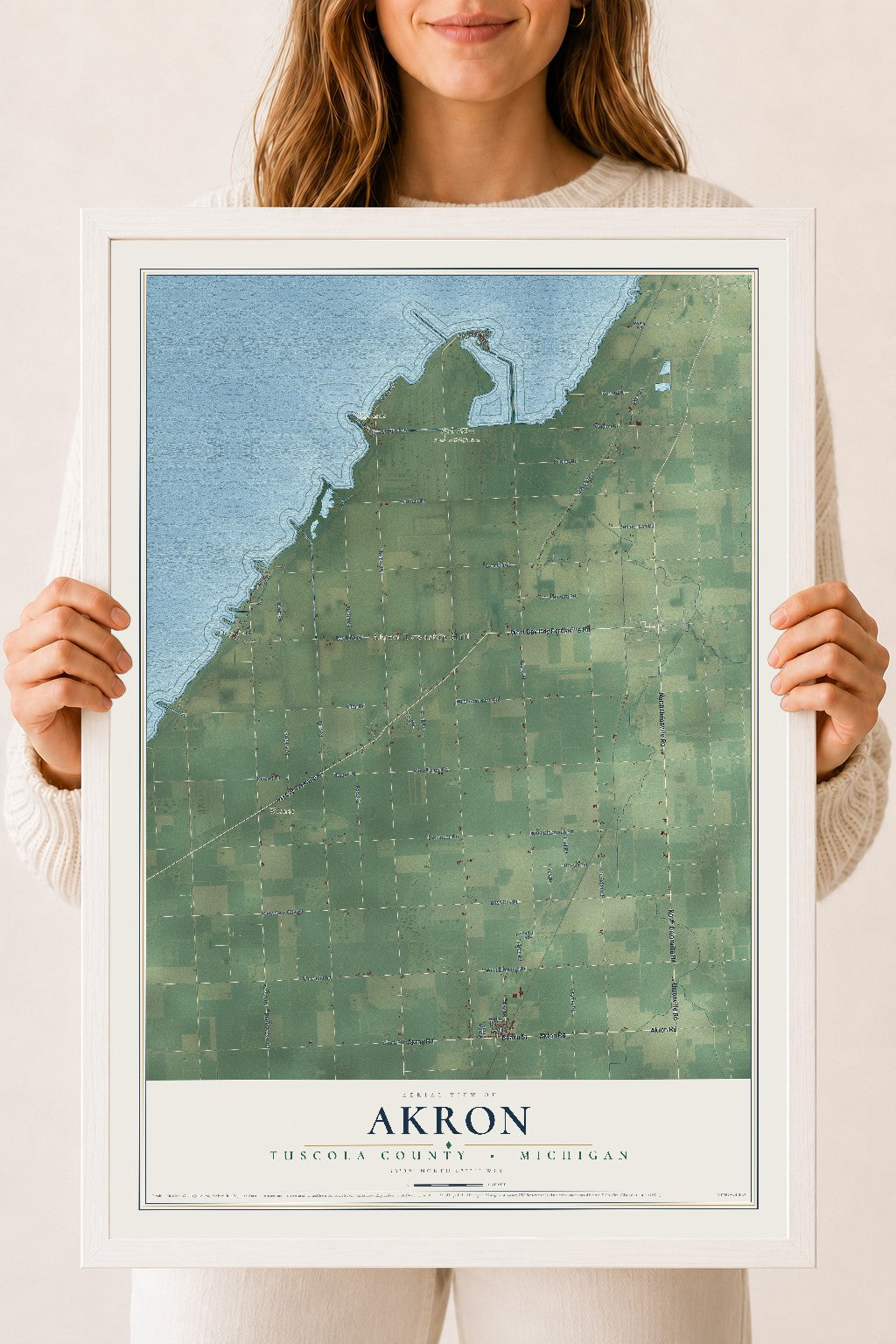 Map of Akron, Tuscola County, Michigan, 18 x 24 inch print in a white wood frame