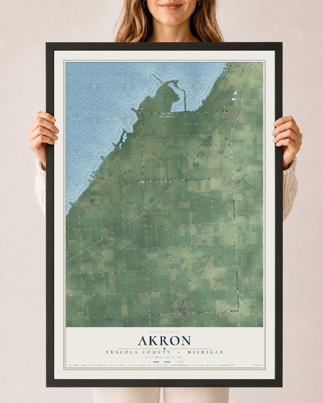 Map of Akron, Tuscola County, Michigan, 24 x 36 inch print in a black wood frame
