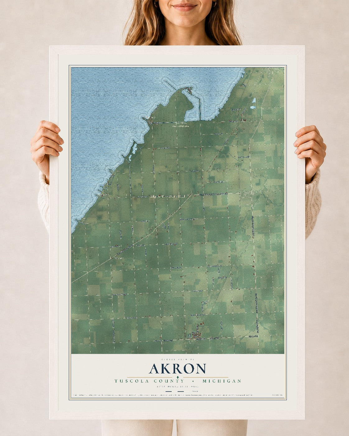 Map of Akron, Tuscola County, Michigan, 24 x 36 inch print in a white wood frame