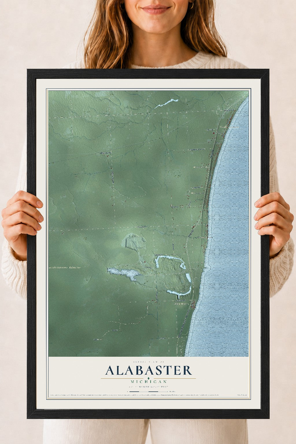 Map of Alabaster, Michigan, 18 x 24 inch print in a black wood frame