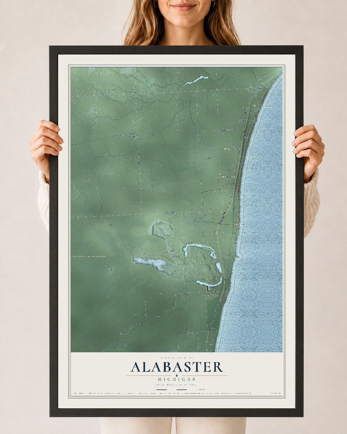 Map of Alabaster, Michigan, 24 x 36 inch print in a black wood frame