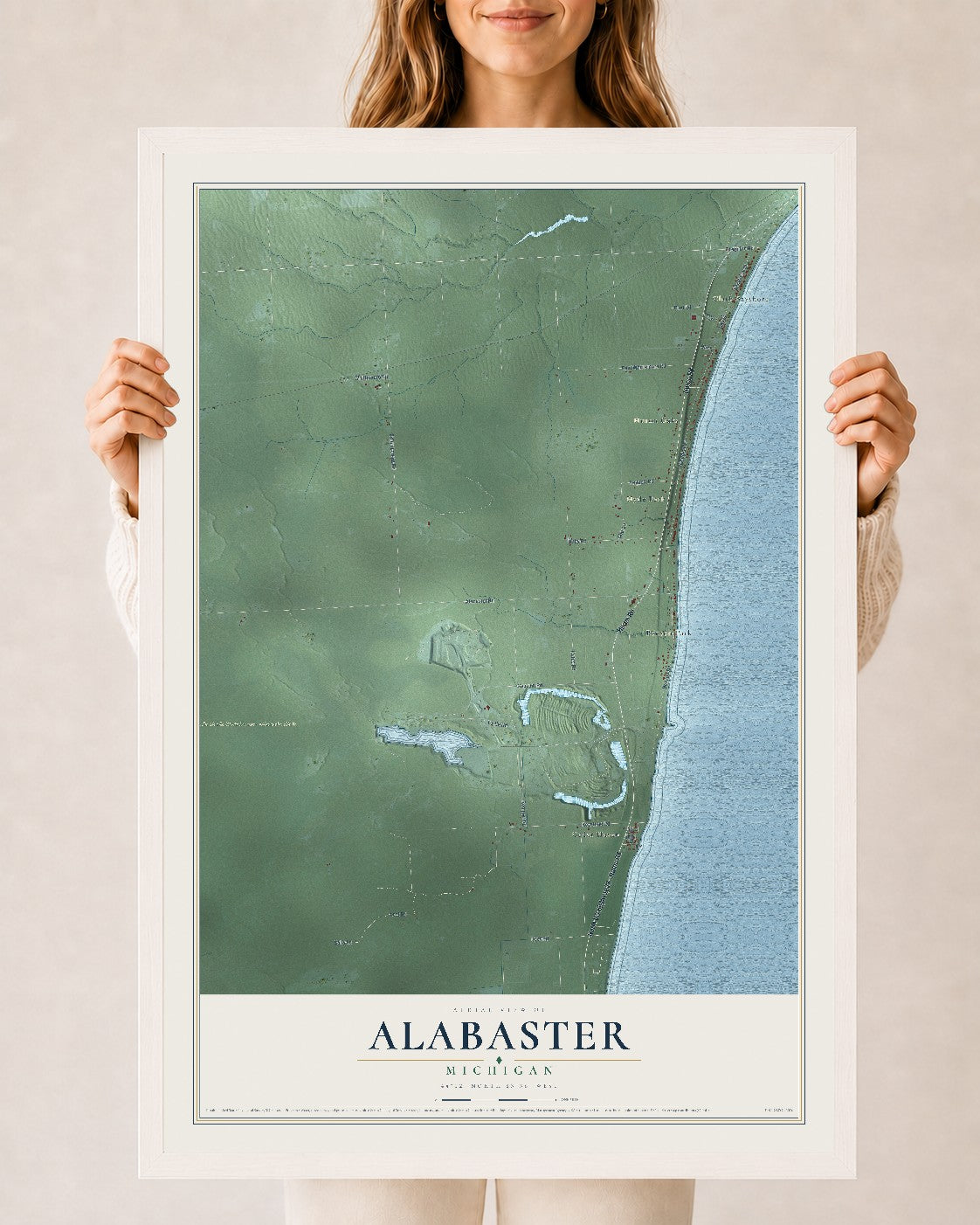Map of Alabaster, Michigan, 24 x 36 inch print in a white wood frame