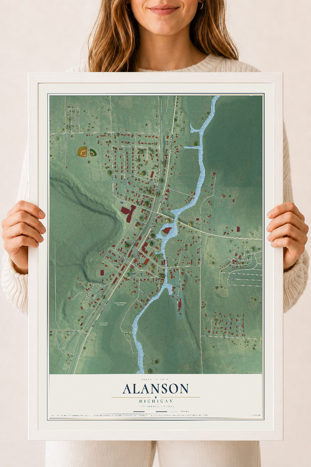 Map of Alanson, Michigan, 18 x 24 inch print in a white wood frame