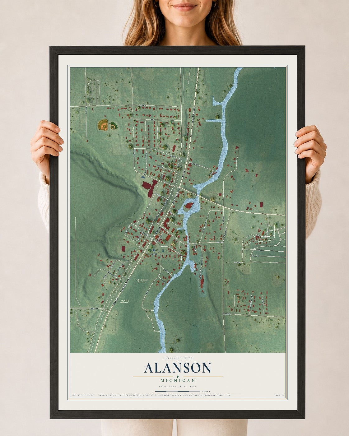 Map of Alanson, Michigan, 24 x 36 inch print in a black wood frame