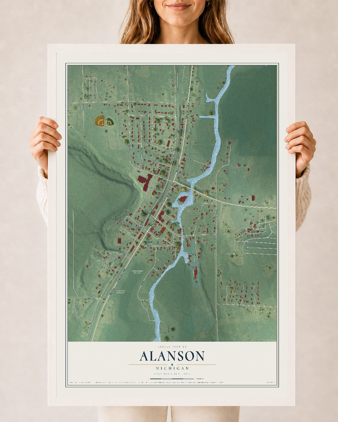 Map of Alanson, Michigan, 24 x 36 inch print in a white wood frame