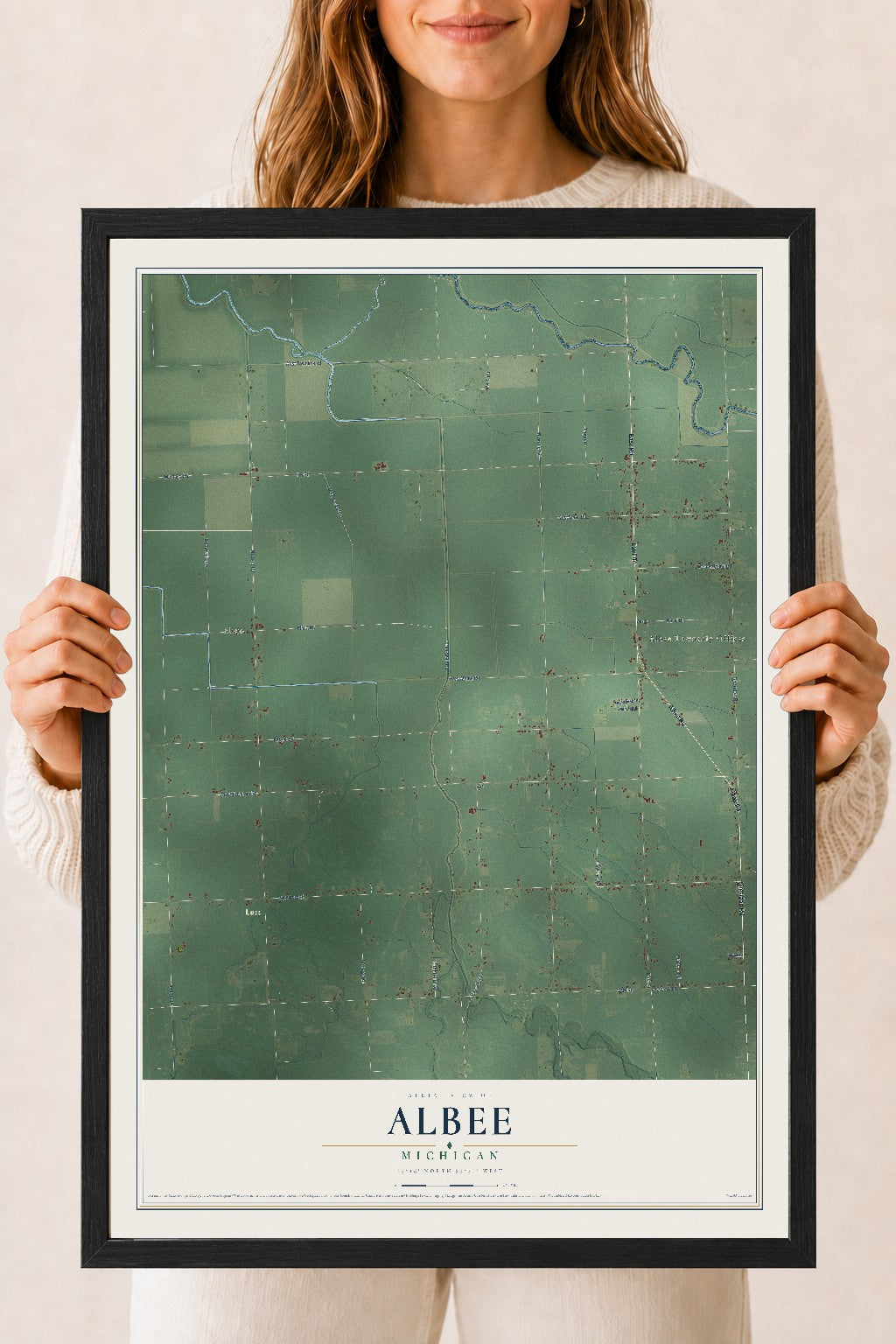 Map of Albee, Michigan, 18 x 24 inch print in a black wood frame