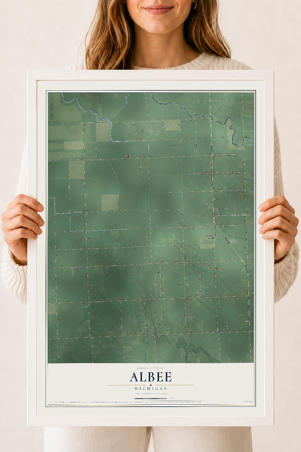 Map of Albee, Michigan, 18 x 24 inch print in a white wood frame