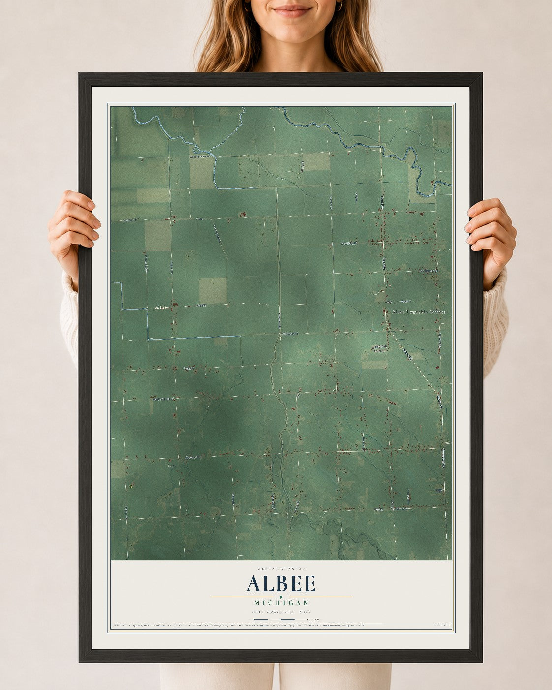 Map of Albee, Michigan, 24 x 36 inch print in a black wood frame