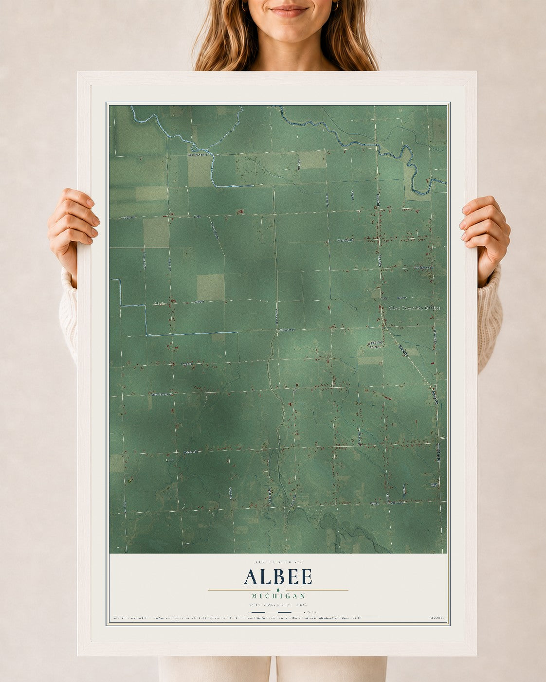 Map of Albee, Michigan, 24 x 36 inch print in a white wood frame