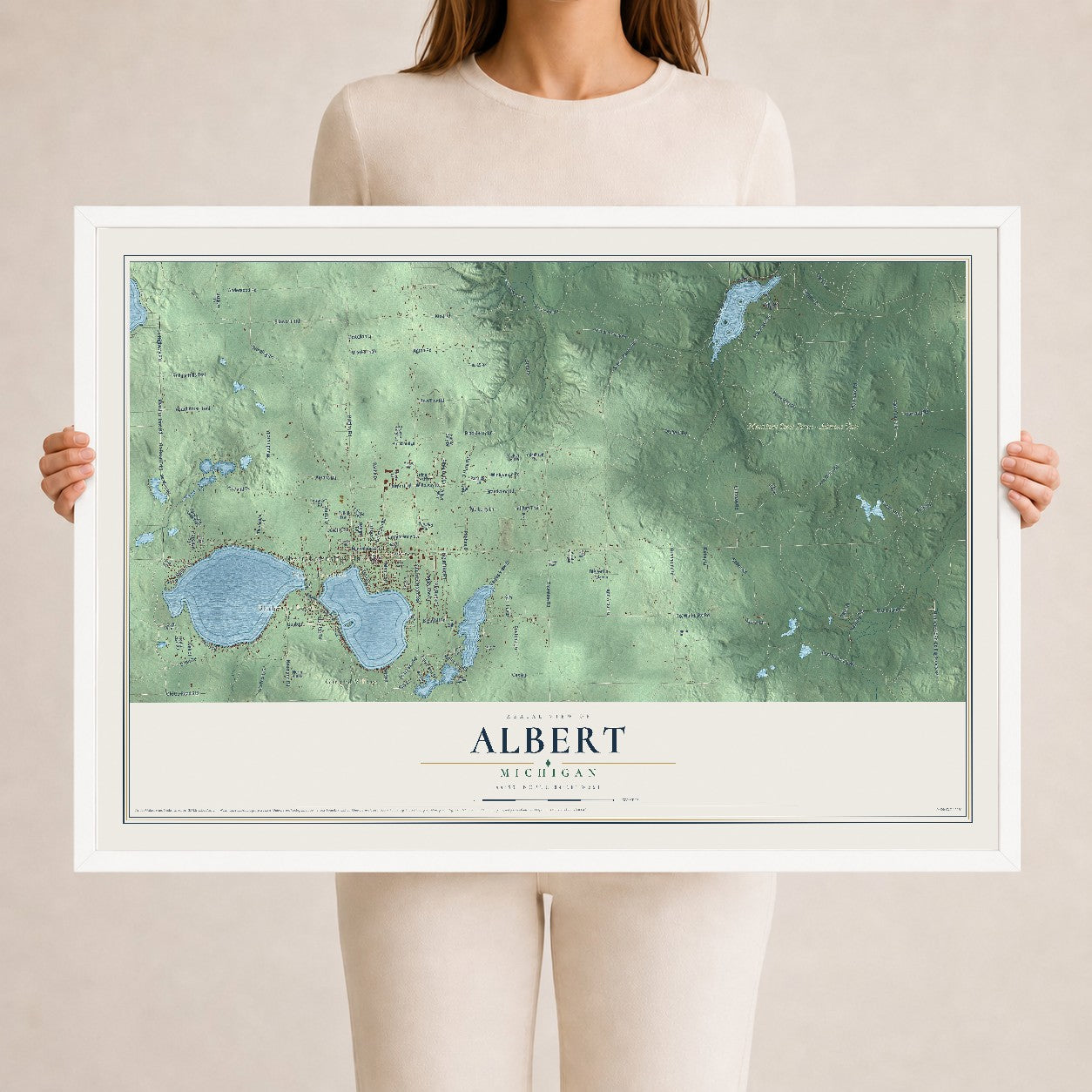 Map of Albert, Michigan, 24 x 36 inch print in a white wood frame