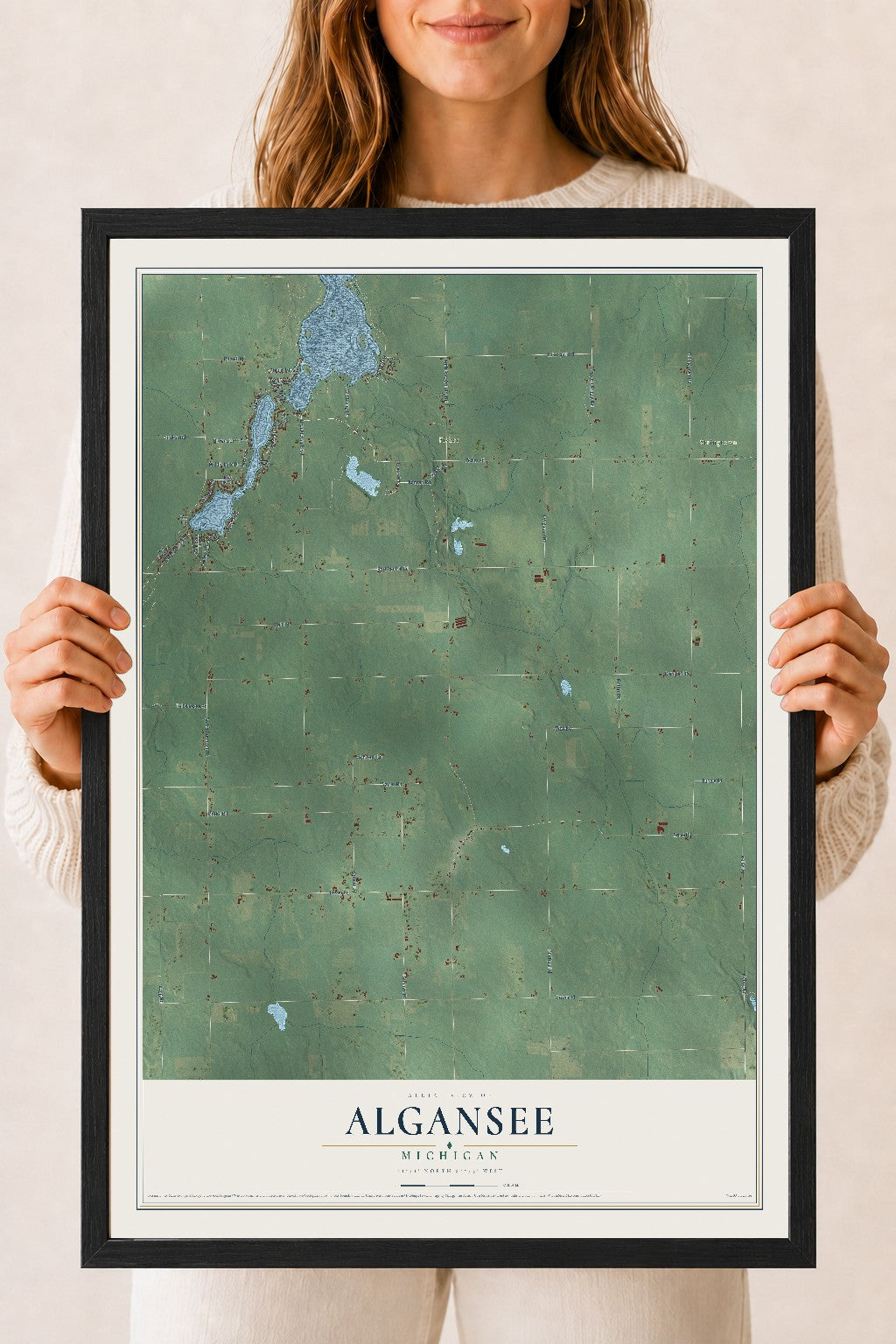Map of Algansee, Michigan, 18 x 24 inch print in a black wood frame