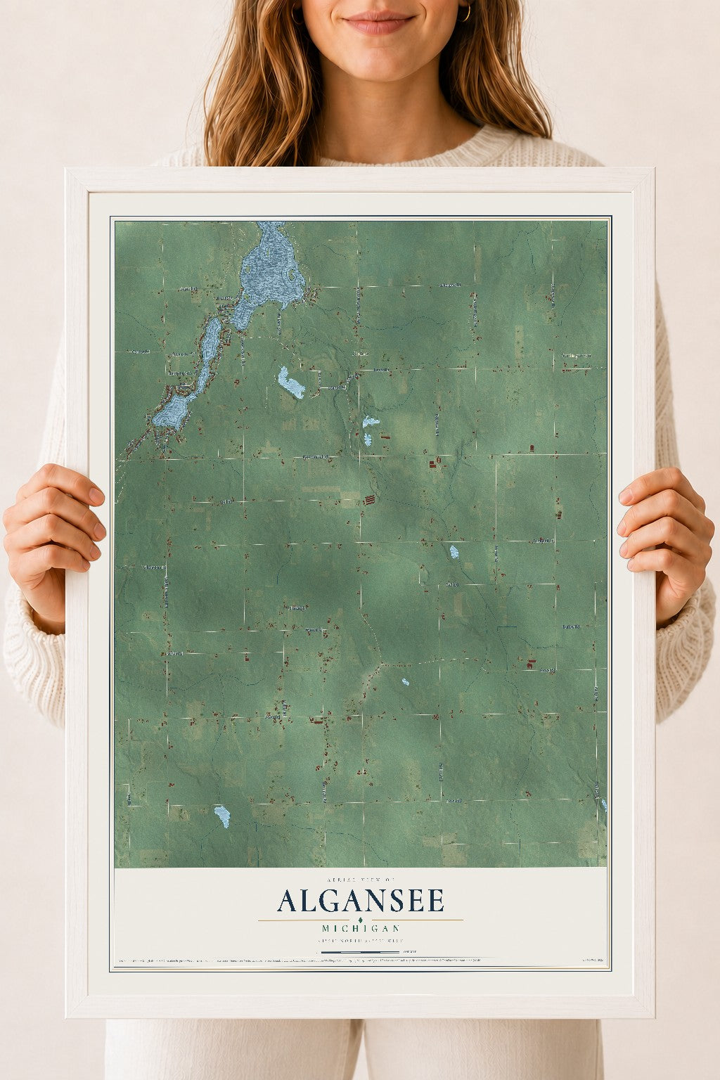 Map of Algansee, Michigan, 18 x 24 inch print in a white wood frame