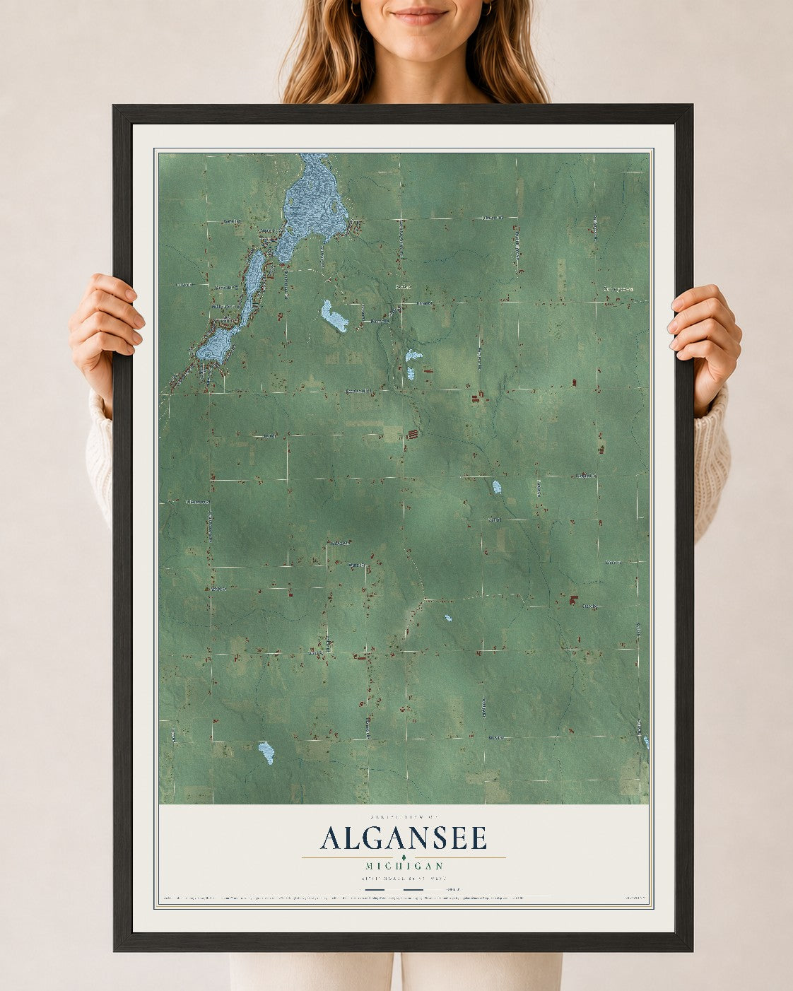 Map of Algansee, Michigan, 24 x 36 inch print in a black wood frame