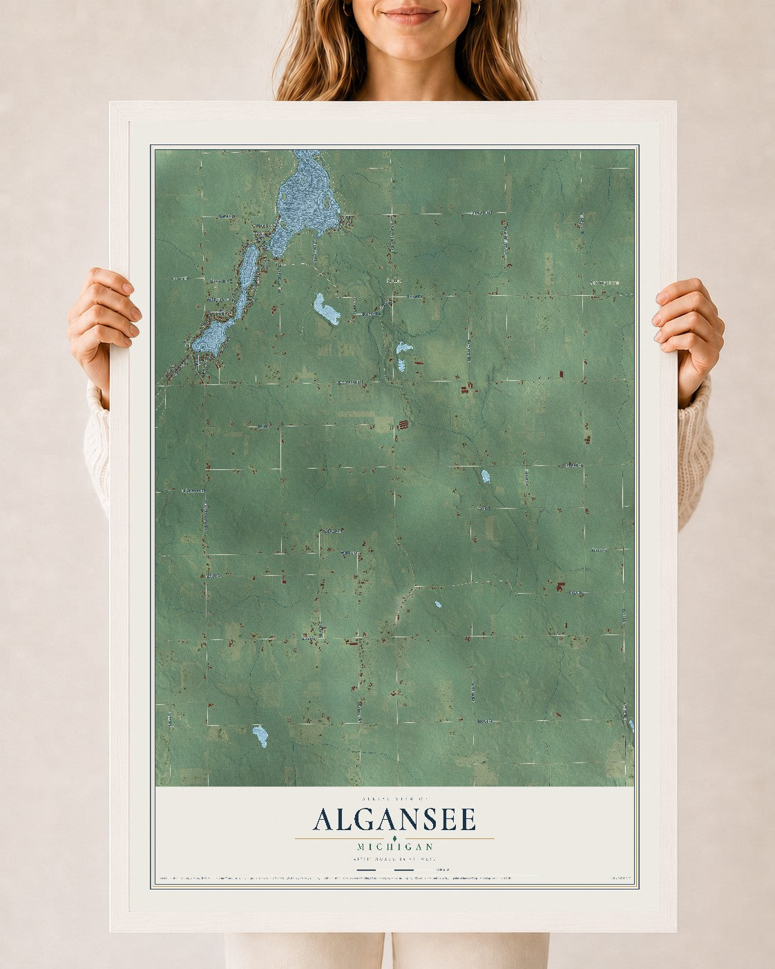 Map of Algansee, Michigan, 24 x 36 inch print in a white wood frame
