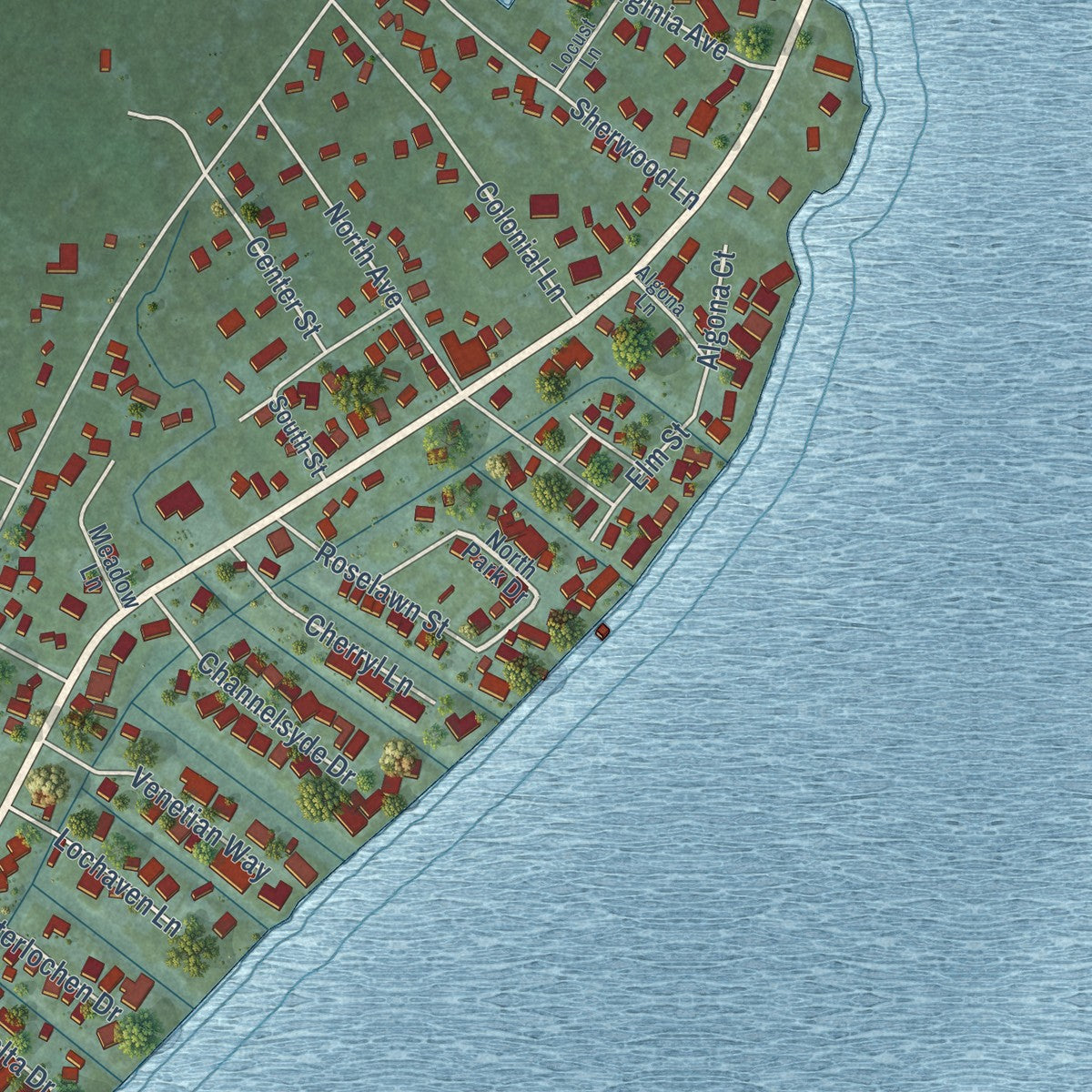 Second close-up of the map of Algonac, Michigan print showing more streets and buildings