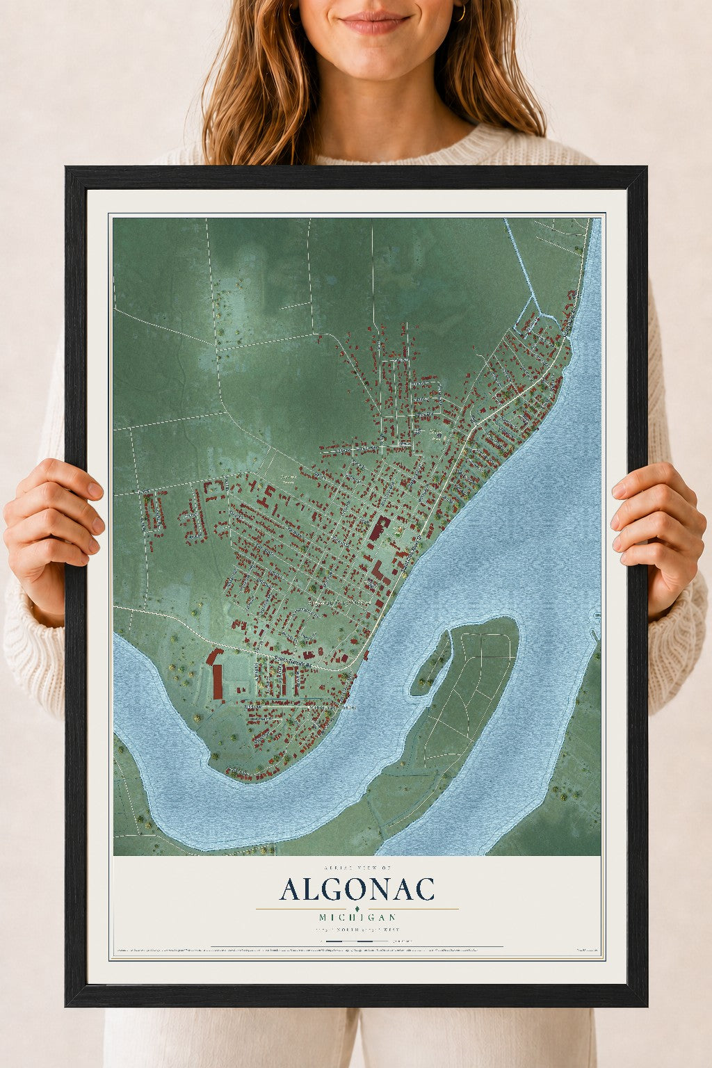Map of Algonac, Michigan, 18 x 24 inch print in a black wood frame