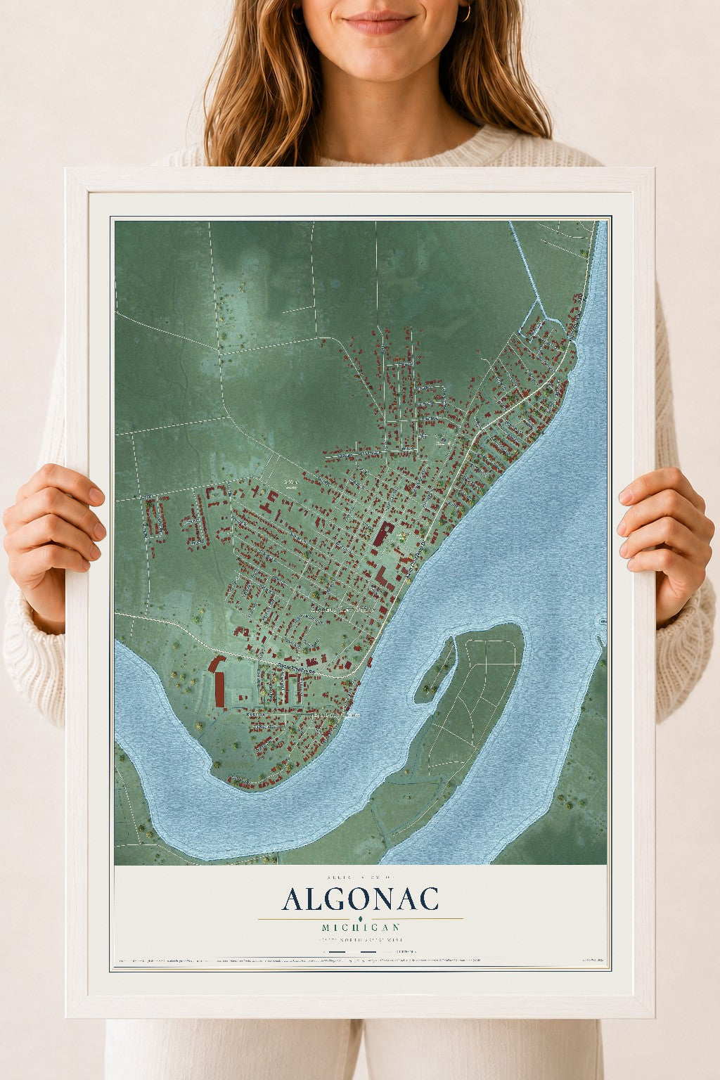 Map of Algonac, Michigan, 18 x 24 inch print in a white wood frame