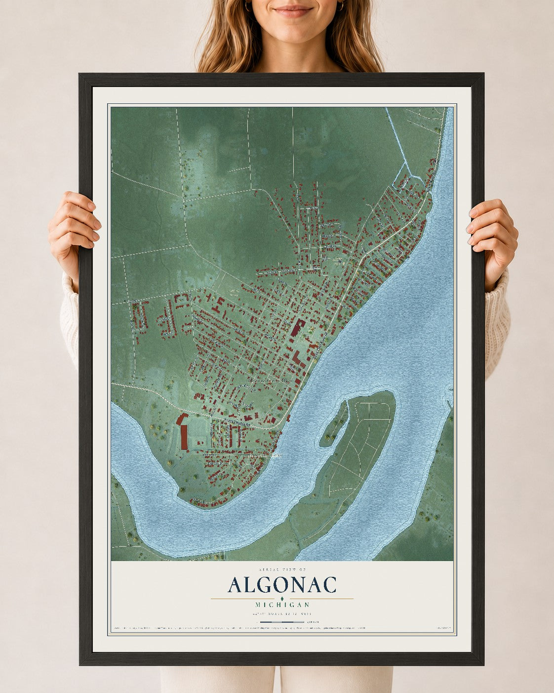 Map of Algonac, Michigan, 24 x 36 inch print in a black wood frame