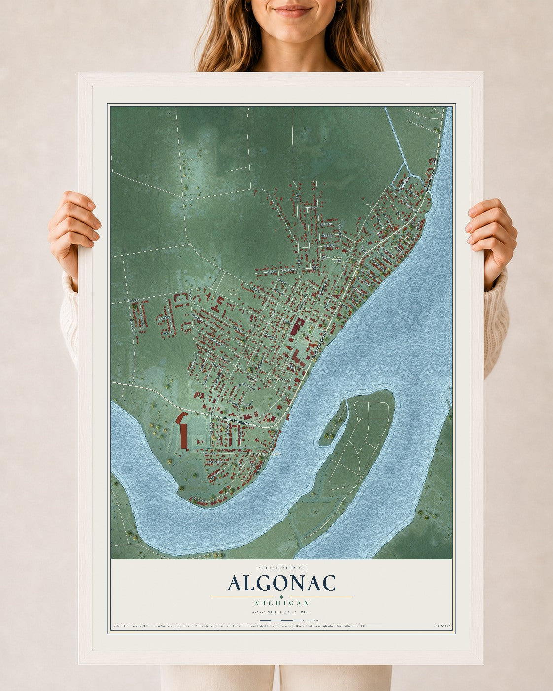Map of Algonac, Michigan, 24 x 36 inch print in a white wood frame
