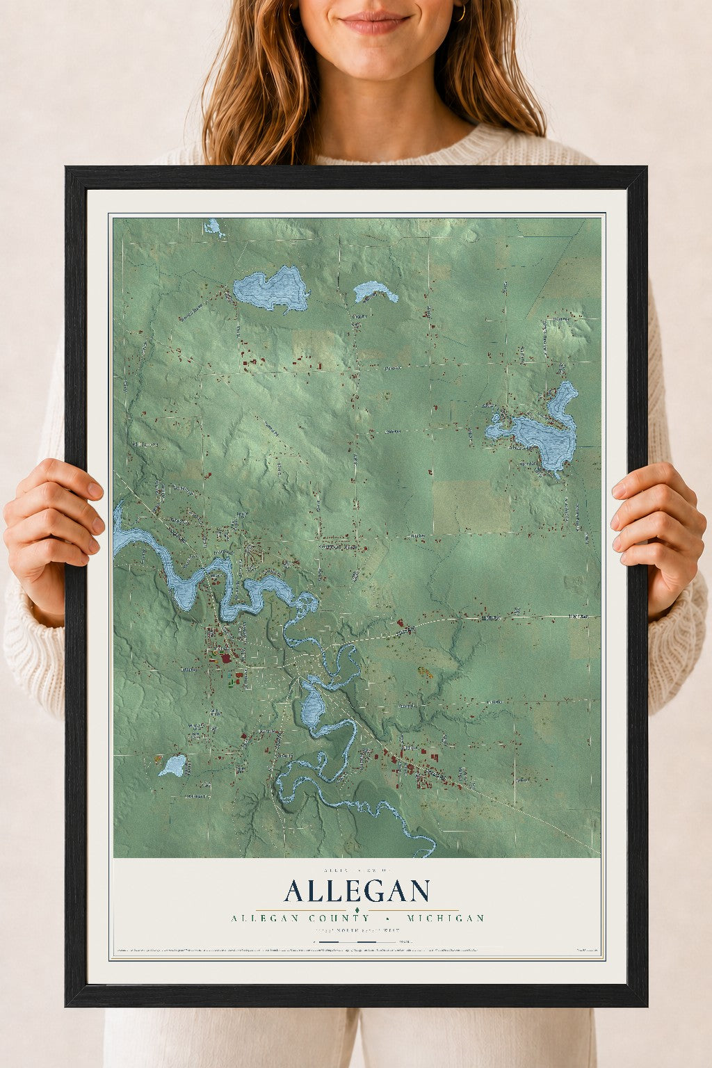 Map of Allegan, Allegan County, Michigan, 18 x 24 inch print in a black wood frame