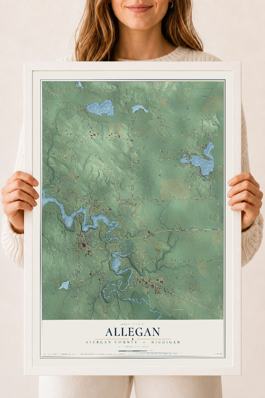 Map of Allegan, Allegan County, Michigan, 18 x 24 inch print in a white wood frame