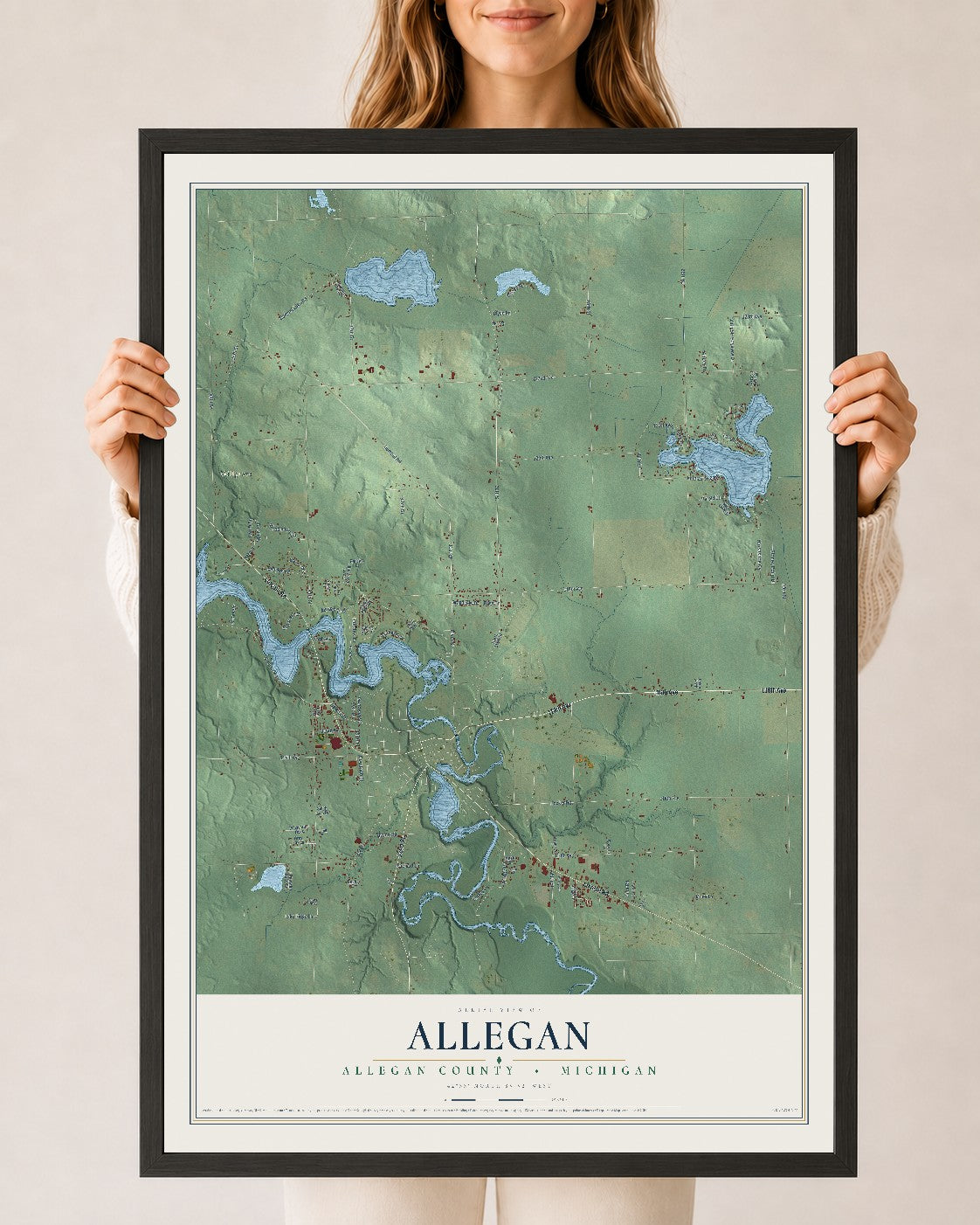 Map of Allegan, Allegan County, Michigan, 24 x 36 inch print in a black wood frame