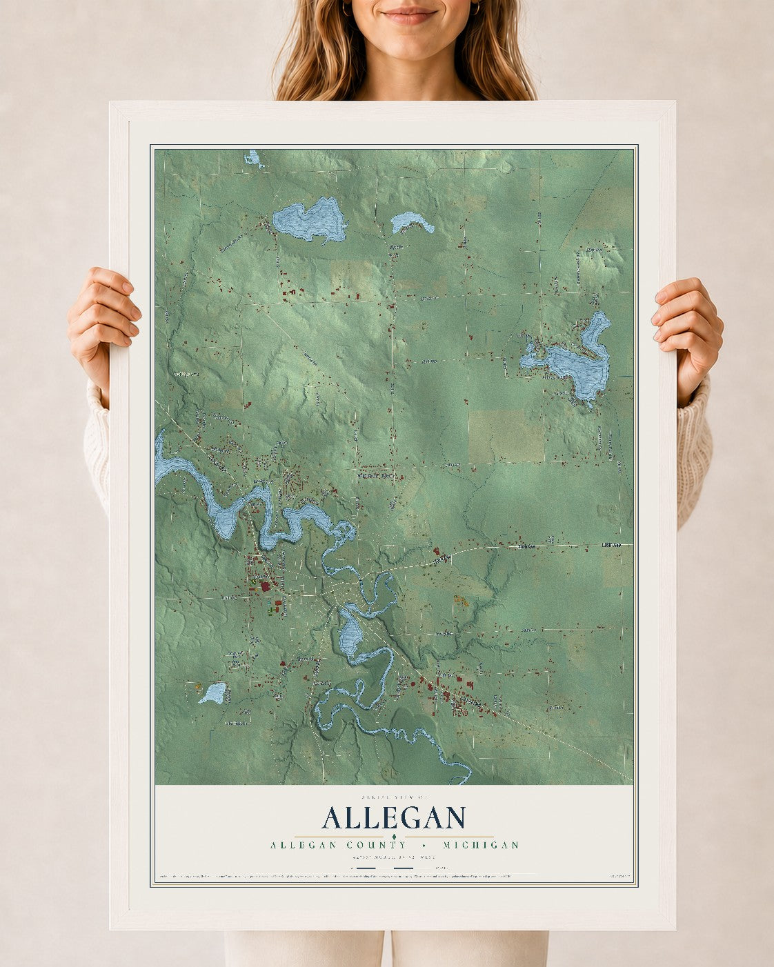 Map of Allegan, Allegan County, Michigan, 24 x 36 inch print in a white wood frame