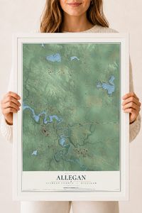 Map of Allegan, Allegan County, Michigan, 18 x 24 inch print in a white wood frame