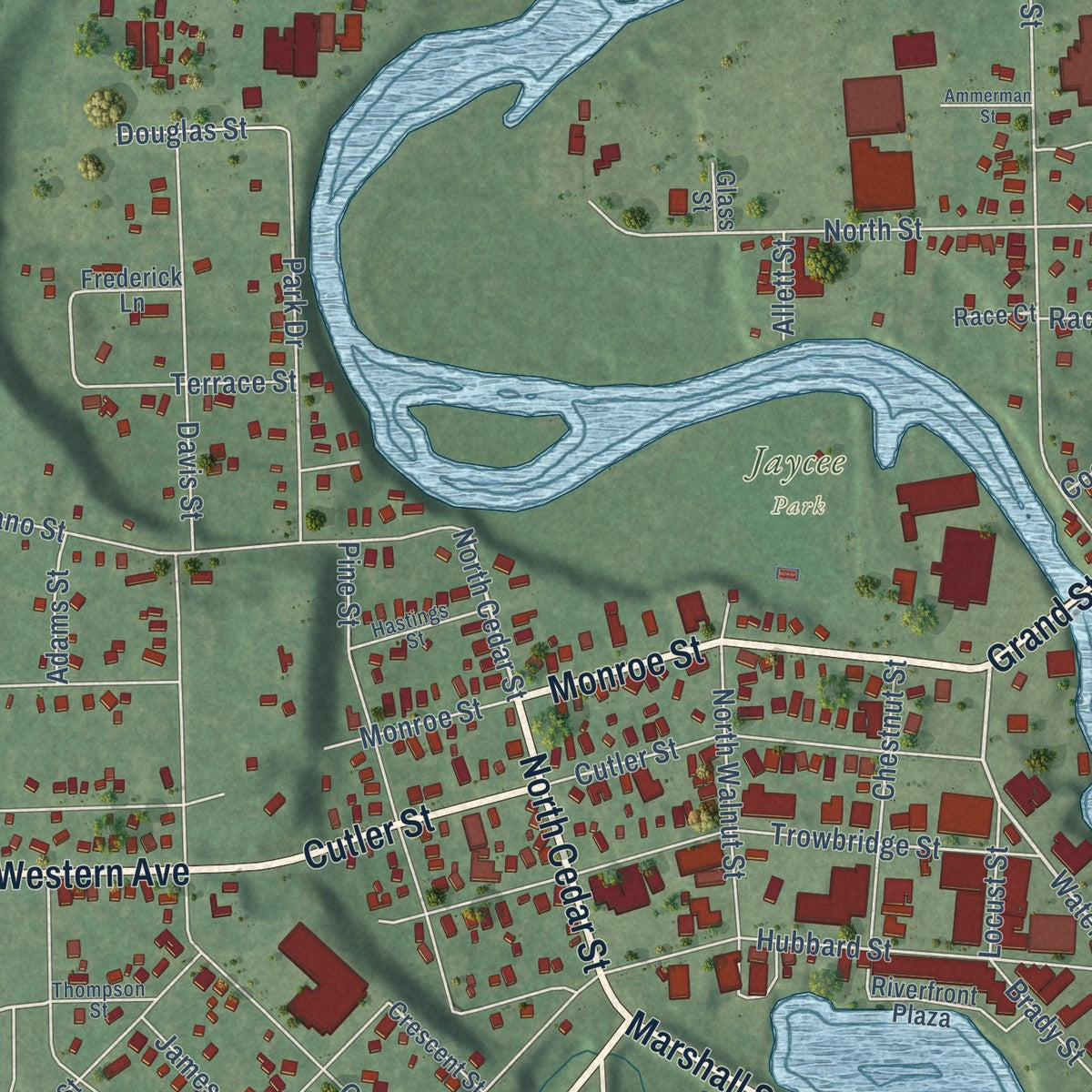 Close-up of the map of Allegan, Michigan print showing street and building detail