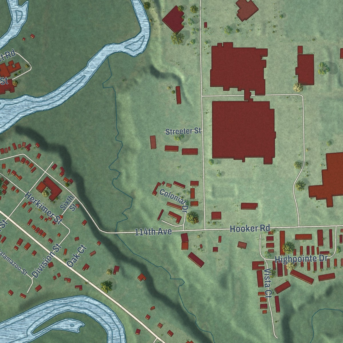 Second close-up of the map of Allegan, Michigan print showing more streets and buildings