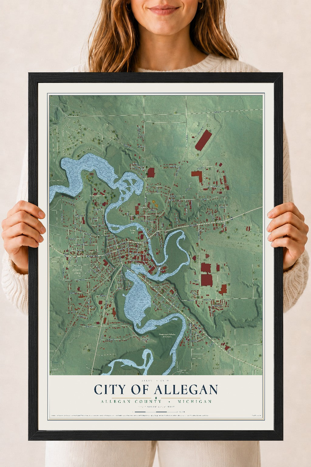 Map of Allegan, Michigan, 18 x 24 inch print in a black wood frame
