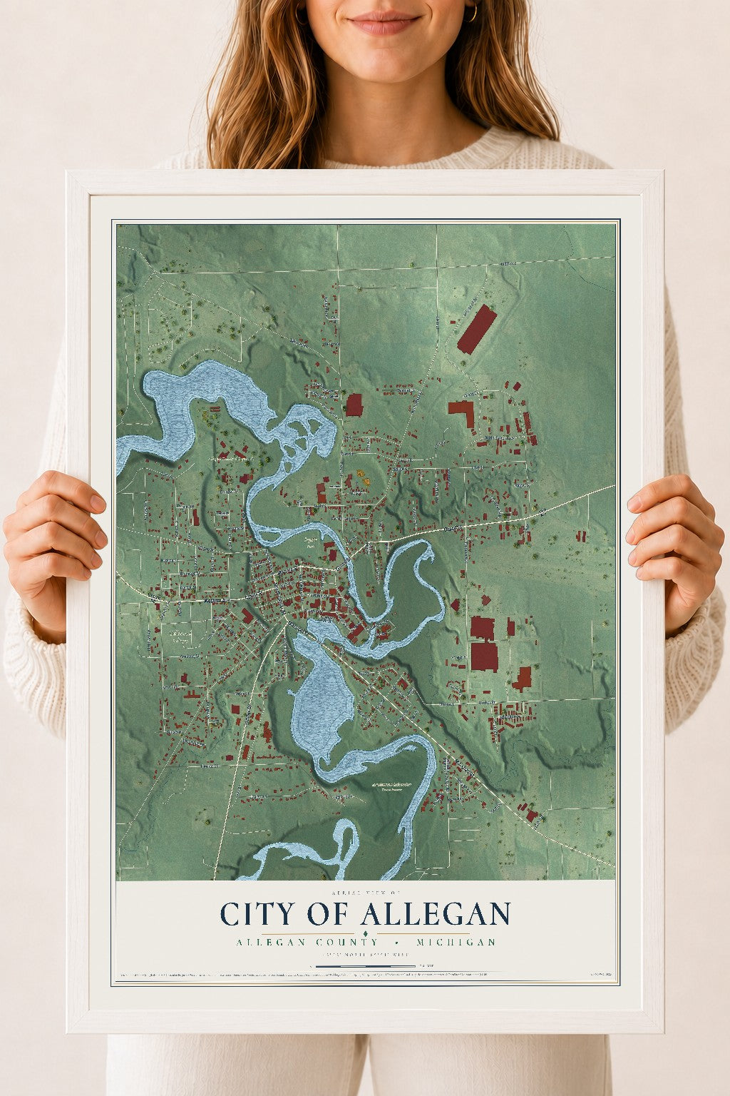 Map of Allegan, Michigan, 18 x 24 inch print in a white wood frame